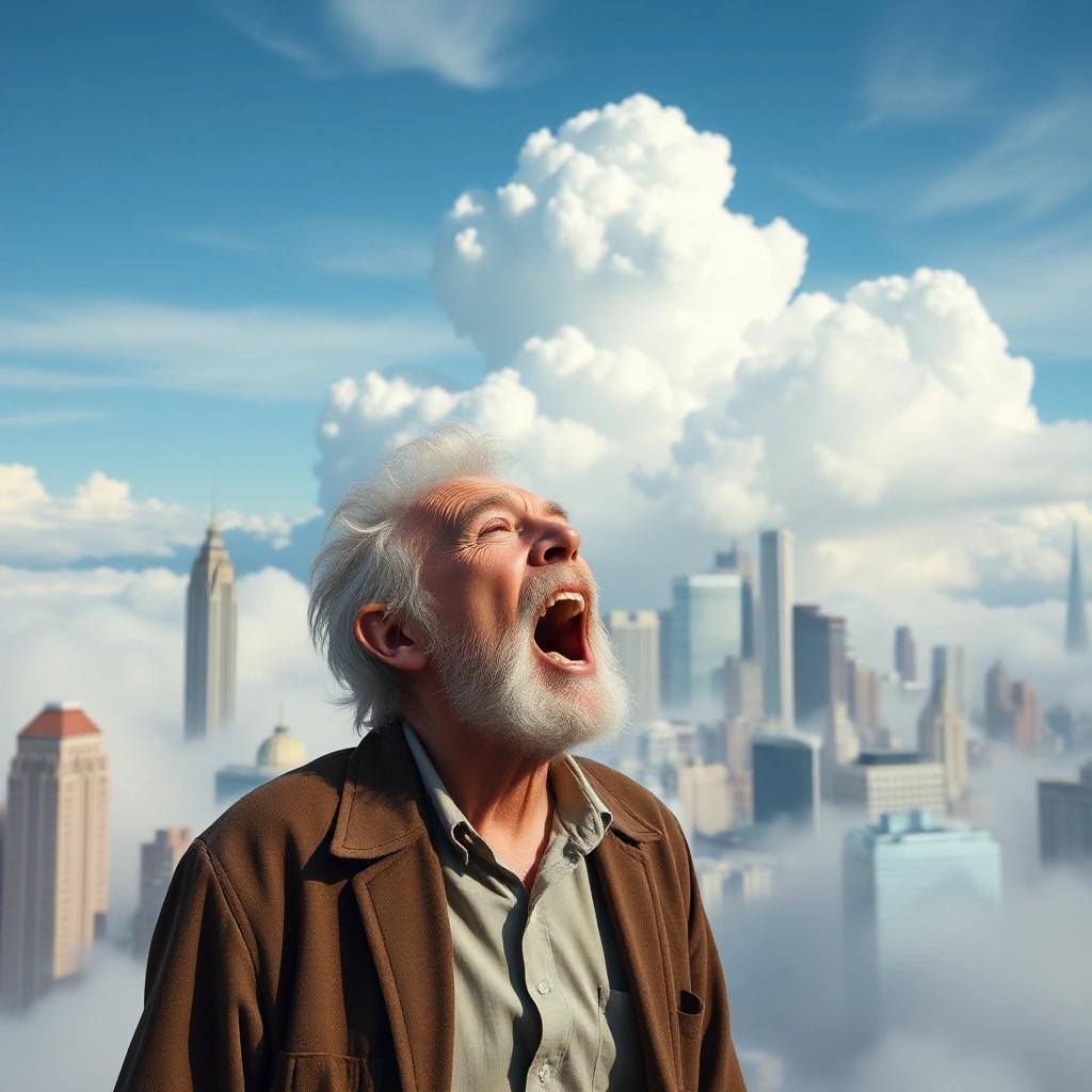 Image with seed 2811257831 generated via Stable Diffusion through @stablehorde@sigmoid.social. Prompt: old@man yells at cloud meme but the old man is yelling at cloud city