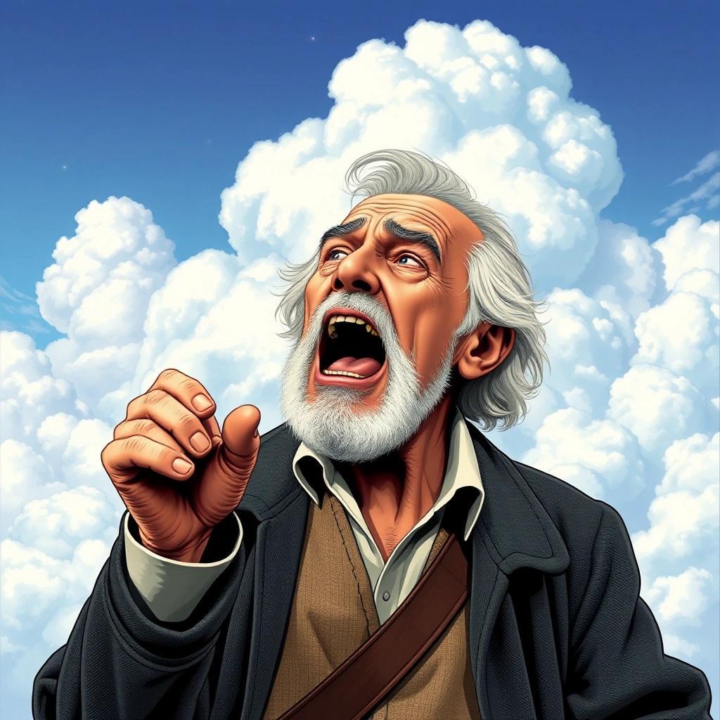 Image with seed 2811257831 generated via Stable Diffusion through @stablehorde@sigmoid.social. Prompt: old@man yells at cloud meme but the old man is yelling at cloud city