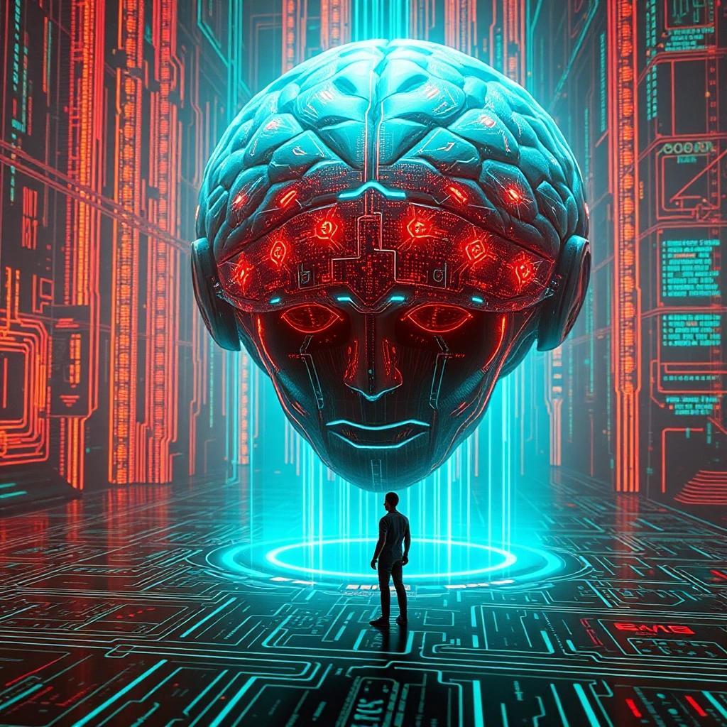 Image with seed 2927361207 generated via Stable Diffusion through @stablehorde@sigmoid.social. Prompt: the virtual avatar of the hero meets a superintelligent artificial intelligence in a metaverse environment visuall representing data processing, tiny humanoid being in front of a huge disembodied floating head, cyberpunk, science fiction, Tron, Neuromancer, surrealism
