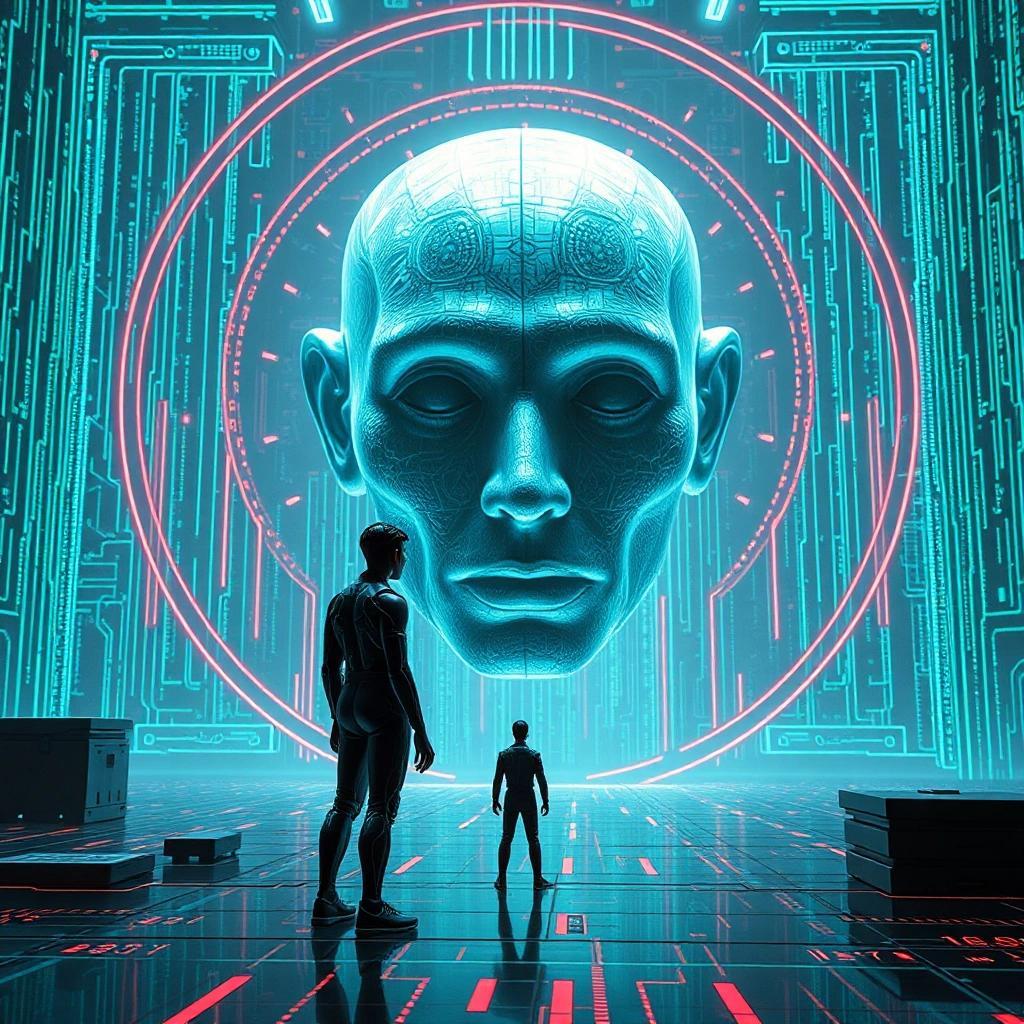 Image with seed 2927361207 generated via Stable Diffusion through @stablehorde@sigmoid.social. Prompt: the virtual avatar of the hero meets a superintelligent artificial intelligence in a metaverse environment visuall representing data processing, tiny humanoid being in front of a huge disembodied floating head, cyberpunk, science fiction, Tron, Neuromancer, surrealism