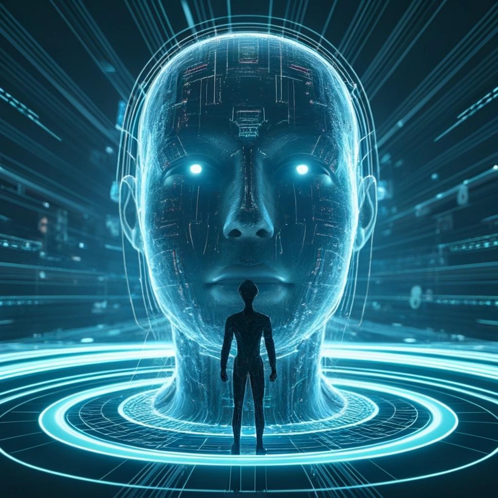Image with seed 3248919614 generated via Stable Diffusion through @stablehorde@sigmoid.social. Prompt: the virtual avatar of the hero meets a superintelligent artificial intelligence in a metaverse environment visuall representing data processing, tiny humanoid being in front of a huge disembodied floating head, cyberpunk, science fiction, Tron, Neuromancer, surrealism 