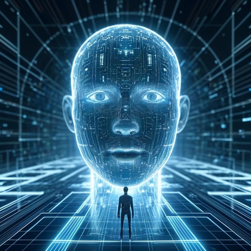 Image with seed 3248919614 generated via Stable Diffusion through @stablehorde@sigmoid.social. Prompt: the virtual avatar of the hero meets a superintelligent artificial intelligence in a metaverse environment visuall representing data processing, tiny humanoid being in front of a huge disembodied floating head, cyberpunk, science fiction, Tron, Neuromancer, surrealism 