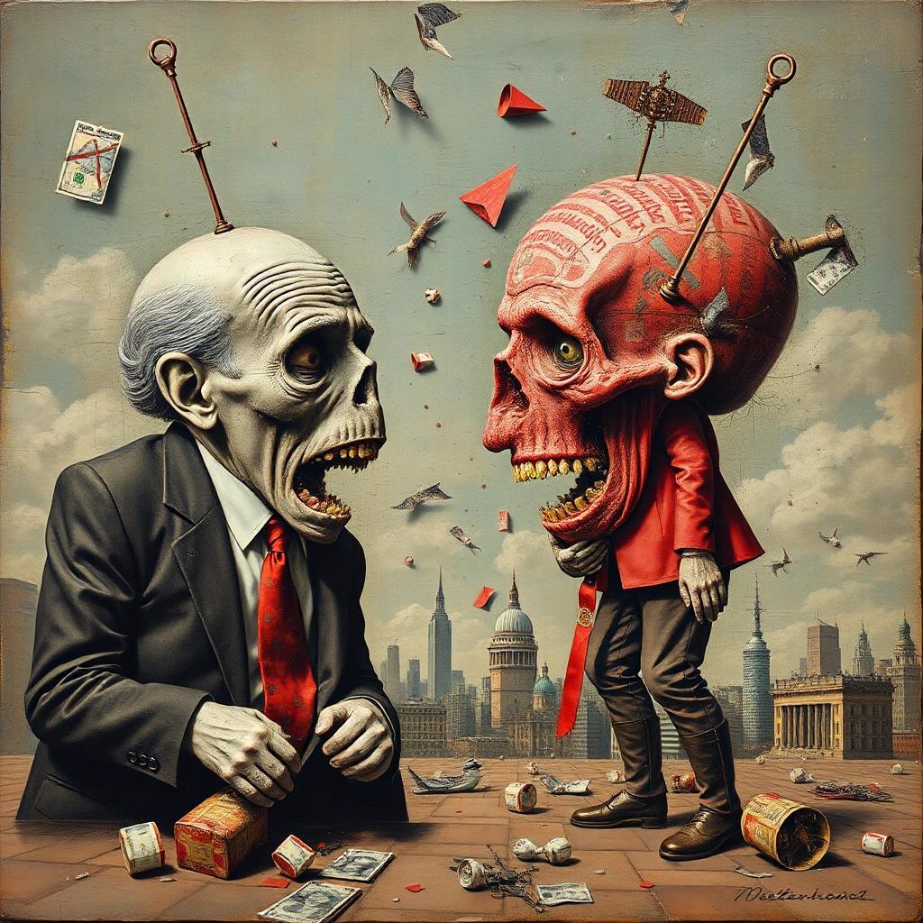 Image with seed 3092124939 generated via Stable Diffusion through @stablehorde@sigmoid.social. Prompt: capitalism falling apart, mixed media #dada #surrealism #popsurrealism #elektrodada weird silly disturbing #antiart counterculture