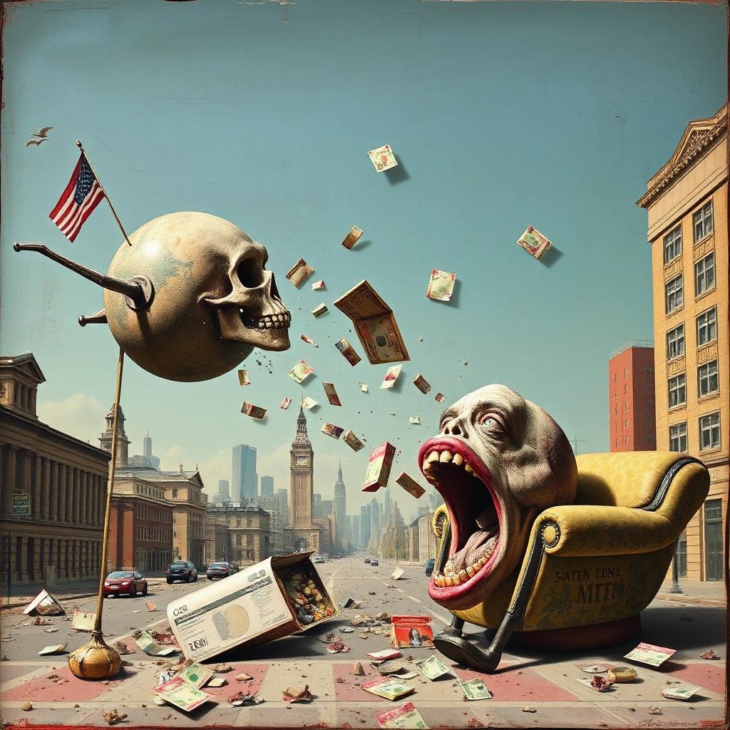 Image with seed 3092124939 generated via Stable Diffusion through @stablehorde@sigmoid.social. Prompt: capitalism falling apart, mixed media #dada #surrealism #popsurrealism #elektrodada weird silly disturbing #antiart counterculture