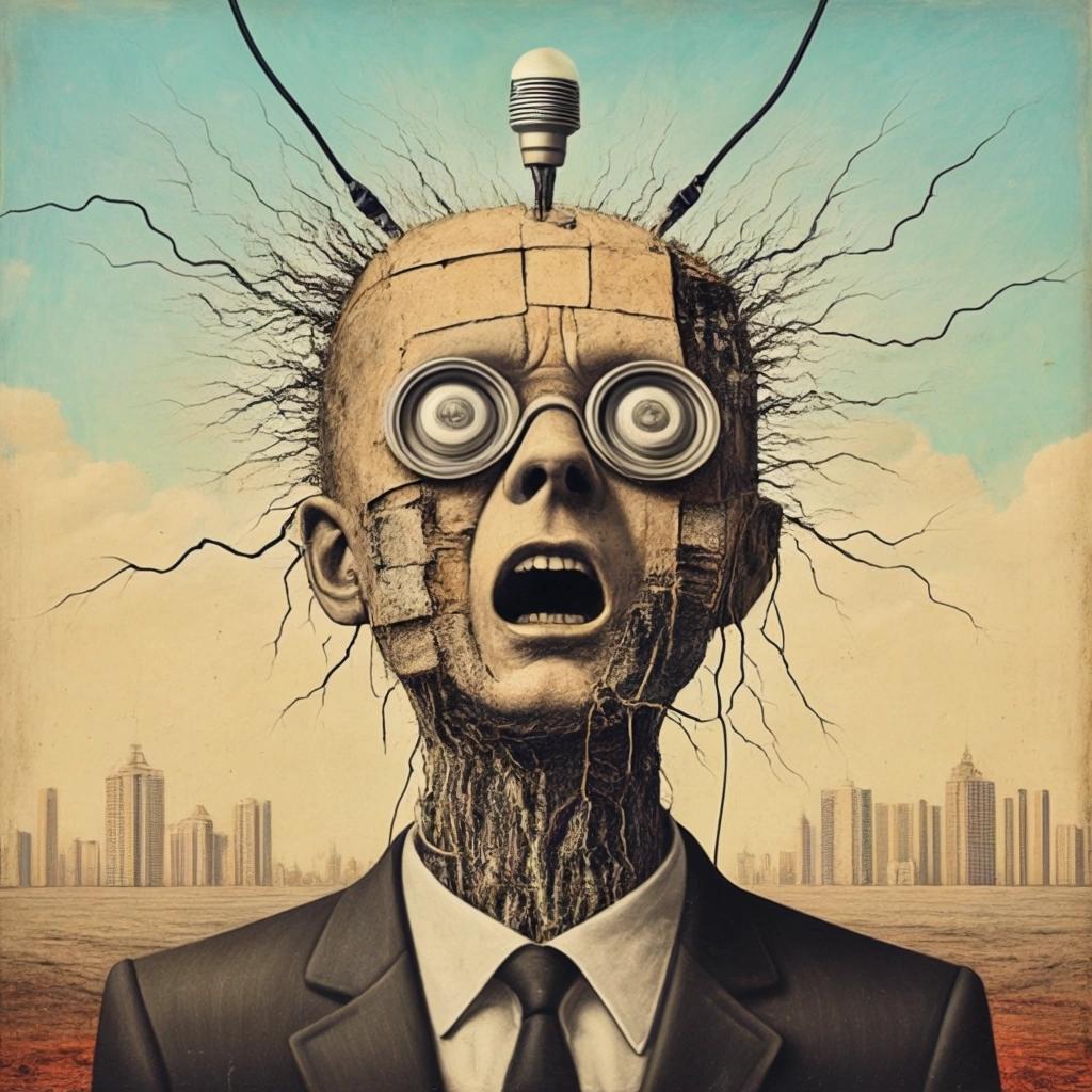 Image with seed 2148675866 generated via Stable Diffusion through @stablehorde@sigmoid.social. Prompt: capitalism falling apart, mixed media #dada #surrealism #popsurrealism #elektrodada weird silly disturbing #antiart counterculture 