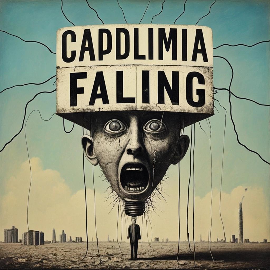 Image with seed 2148675866 generated via Stable Diffusion through @stablehorde@sigmoid.social. Prompt: capitalism falling apart, mixed media #dada #surrealism #popsurrealism #elektrodada weird silly disturbing #antiart counterculture 