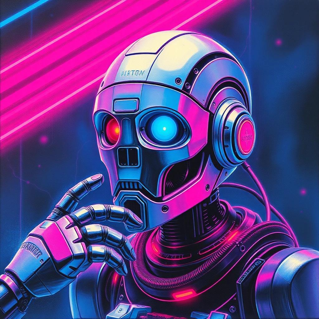 Image with seed 1368136957 generated via Stable Diffusion through @stablehorde@sigmoid.social. Prompt: artificial intelligence having an existential crisis, science fiction, cyberpunk, neon robot fantasy, 1980s, airbrush, blacklight poster