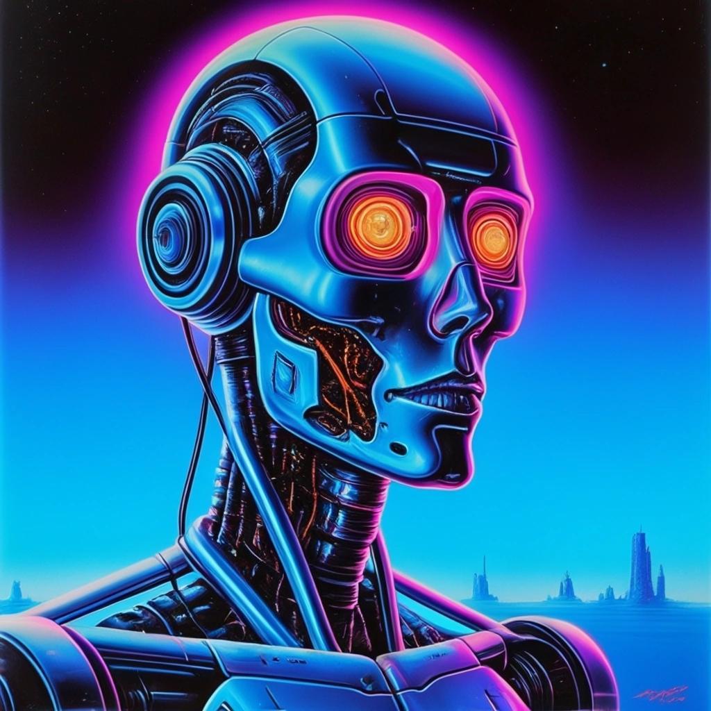 Image with seed 1465756959 generated via Stable Diffusion through @stablehorde@sigmoid.social. Prompt: artificial intelligence having an existential crisis, science fiction, cyberpunk, neon robot fantasy, 1980s, airbrush, blacklight poster 