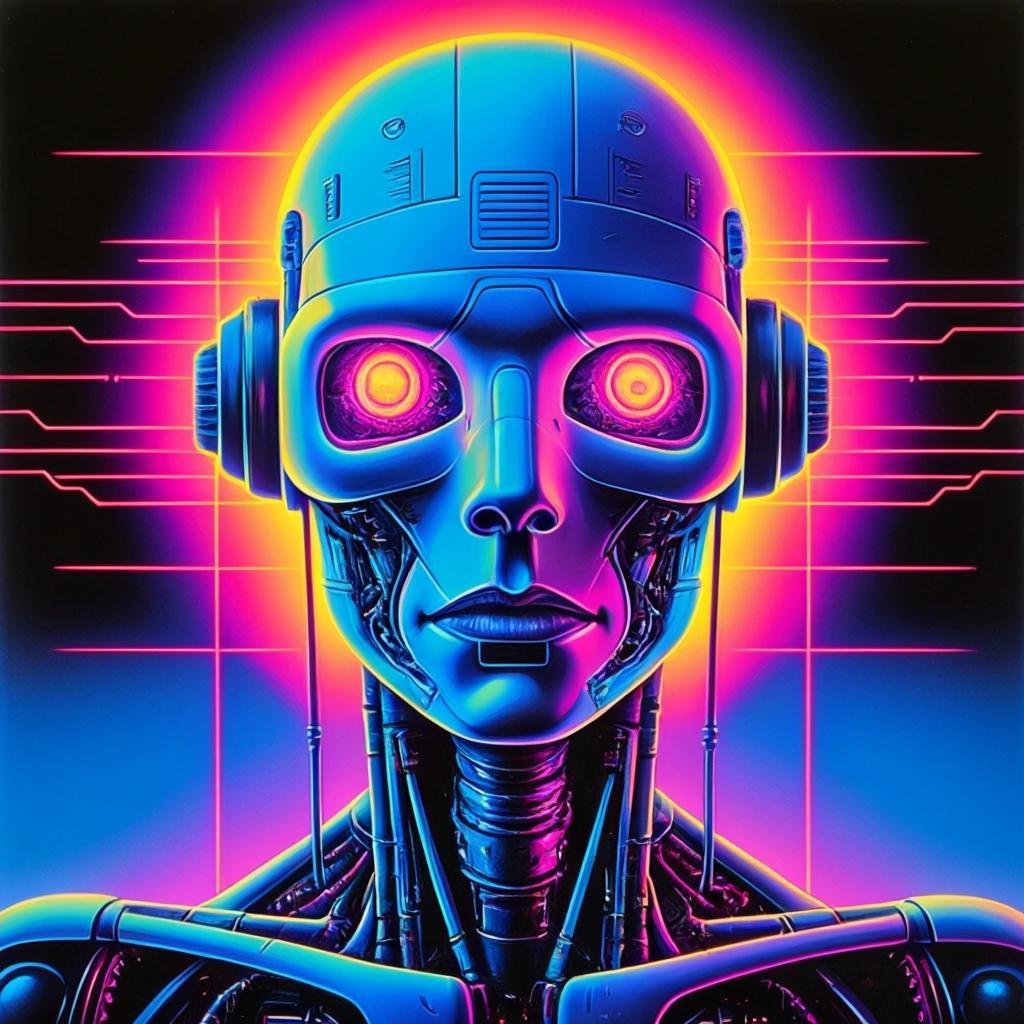 Image with seed 1465756959 generated via Stable Diffusion through @stablehorde@sigmoid.social. Prompt: artificial intelligence having an existential crisis, science fiction, cyberpunk, neon robot fantasy, 1980s, airbrush, blacklight poster 