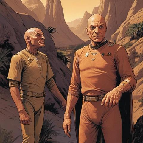 Image with seed 1919659129 generated via Stable Diffusion through @stablehorde@sigmoid.social. Prompt: Darmok and Jalad at Tanagra, comic book page, science fiction, epic space opera, humanoid aliens, star trek 