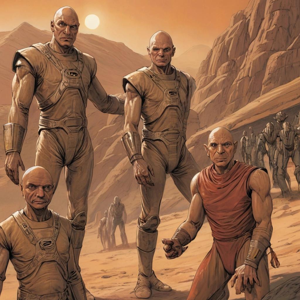 Image with seed 1919659129 generated via Stable Diffusion through @stablehorde@sigmoid.social. Prompt: Darmok and Jalad at Tanagra, comic book page, science fiction, epic space opera, humanoid aliens, star trek 