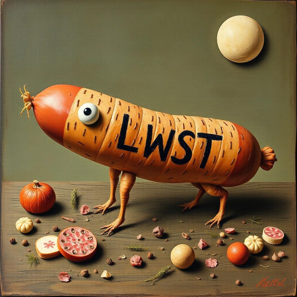 Image with seed 3121164669 generated via Stable Diffusion through @stablehorde@sigmoid.social. Prompt: Heil Wurst! Wurst ist Leben! silly, weird, surrealism, dada, antiart, degenerative art, sausage, mixed media #elektrodada