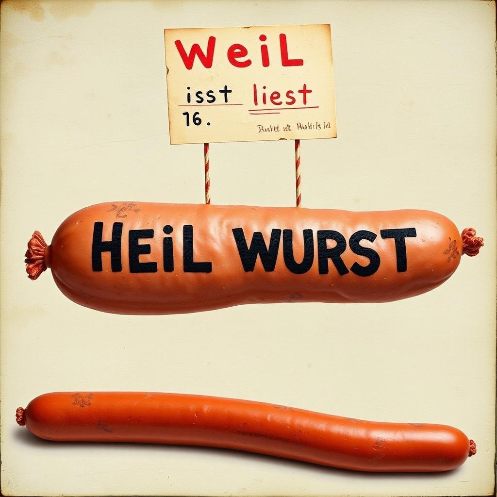 Image with seed 3121164669 generated via Stable Diffusion through @stablehorde@sigmoid.social. Prompt: Heil Wurst! Wurst ist Leben! silly, weird, surrealism, dada, antiart, degenerative art, sausage, mixed media #elektrodada