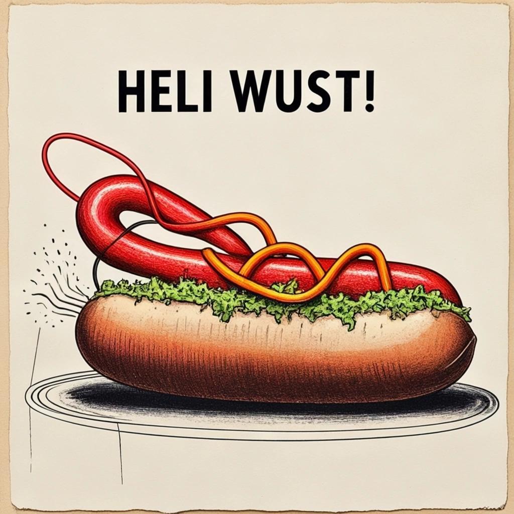 Image with seed 2954101566 generated via Stable Diffusion through @stablehorde@sigmoid.social. Prompt: Heil Wurst! Wurst ist Leben! silly, weird, surrealism, dada, antiart, degenerative art, sausage, mixed media #elektrodada 