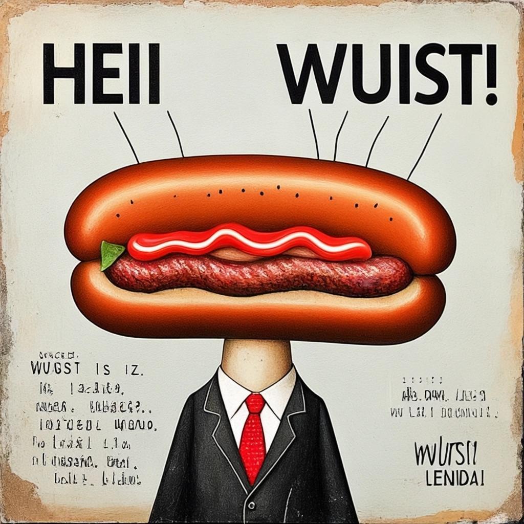 Image with seed 2954101566 generated via Stable Diffusion through @stablehorde@sigmoid.social. Prompt: Heil Wurst! Wurst ist Leben! silly, weird, surrealism, dada, antiart, degenerative art, sausage, mixed media #elektrodada 