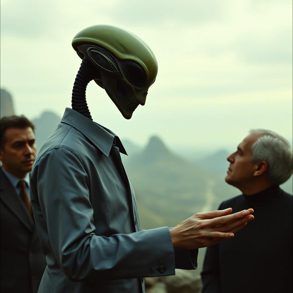 Image with seed 1000167894 generated via Stable Diffusion through @stablehorde@sigmoid.social. Prompt: Friedrich Merz greets the Alien Ambassador, science fiction