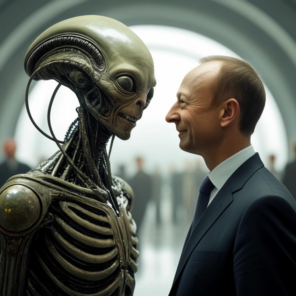 Image with seed 1303341567 generated via Stable Diffusion through @stablehorde@sigmoid.social. Prompt: Friedrich Merz greets the Alien Ambassador, science fiction 