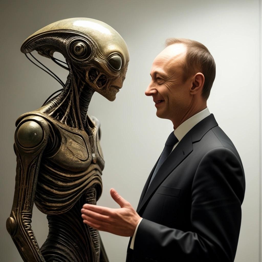 Image with seed 1303341567 generated via Stable Diffusion through @stablehorde@sigmoid.social. Prompt: Friedrich Merz greets the Alien Ambassador, science fiction 