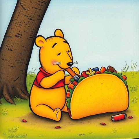 Image with seed 2022265676 generated via Stable Diffusion through @stablehorde@sigmoid.social. Prompt: childrens_book_illustration, "Winnie the Pooh" eating "a giant taco" but without "feet" ###