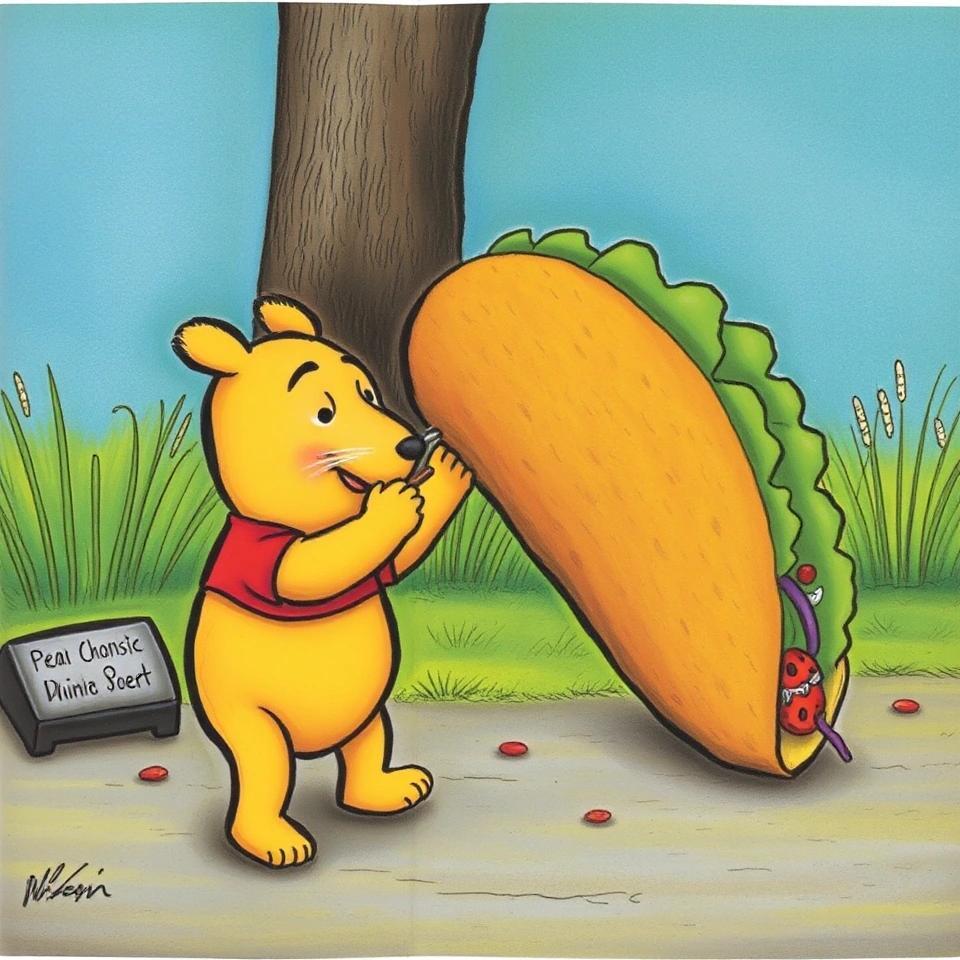 Image with seed 2022265676 generated via Stable Diffusion through @stablehorde@sigmoid.social. Prompt: childrens_book_illustration, "Winnie the Pooh" eating "a giant taco" but without "feet" ###
