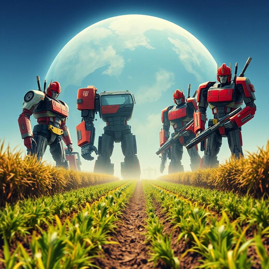 Image with seed 867618059 generated via Stable Diffusion through @stablehorde@sigmoid.social. Prompt: a Transfarmer Movieposter about a Planet full of Transgender Farmers in the style of a Transformer Movie.