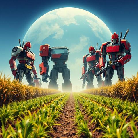 Image with seed 867618059 generated via Stable Diffusion through @stablehorde@sigmoid.social. Prompt: a Transfarmer Movieposter about a Planet full of Transgender Farmers in the style of a Transformer Movie.