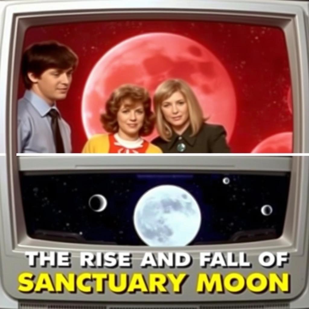Image with seed 1890599620 generated via Stable Diffusion through @stablehorde@sigmoid.social. Prompt: a still image of the space opera television drama &quot;The Rise and Fall of Sanctuary Moon&quot;, science fiction, tv series, camp, cheesy, colourful