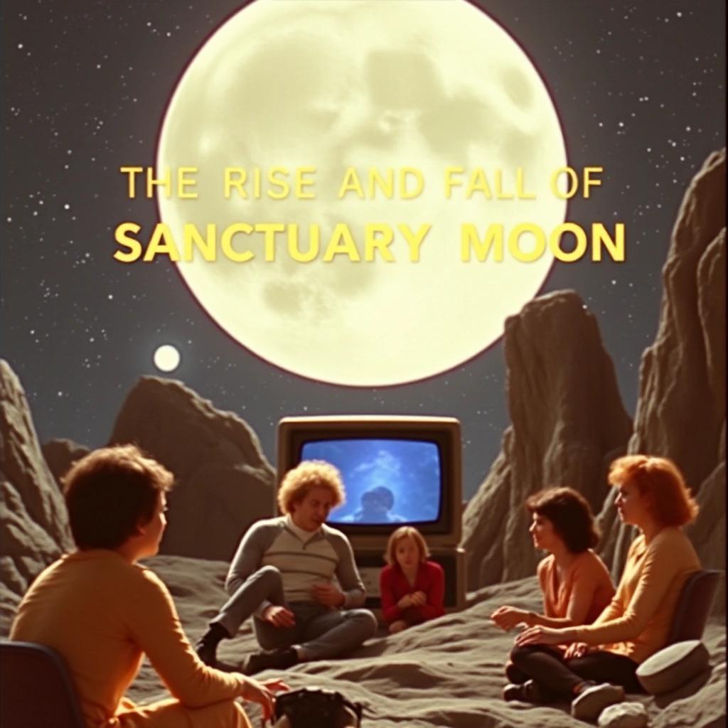 Image with seed 1890599620 generated via Stable Diffusion through @stablehorde@sigmoid.social. Prompt: a still image of the space opera television drama "The Rise and Fall of Sanctuary Moon", science fiction, tv series, camp, cheesy, colourful