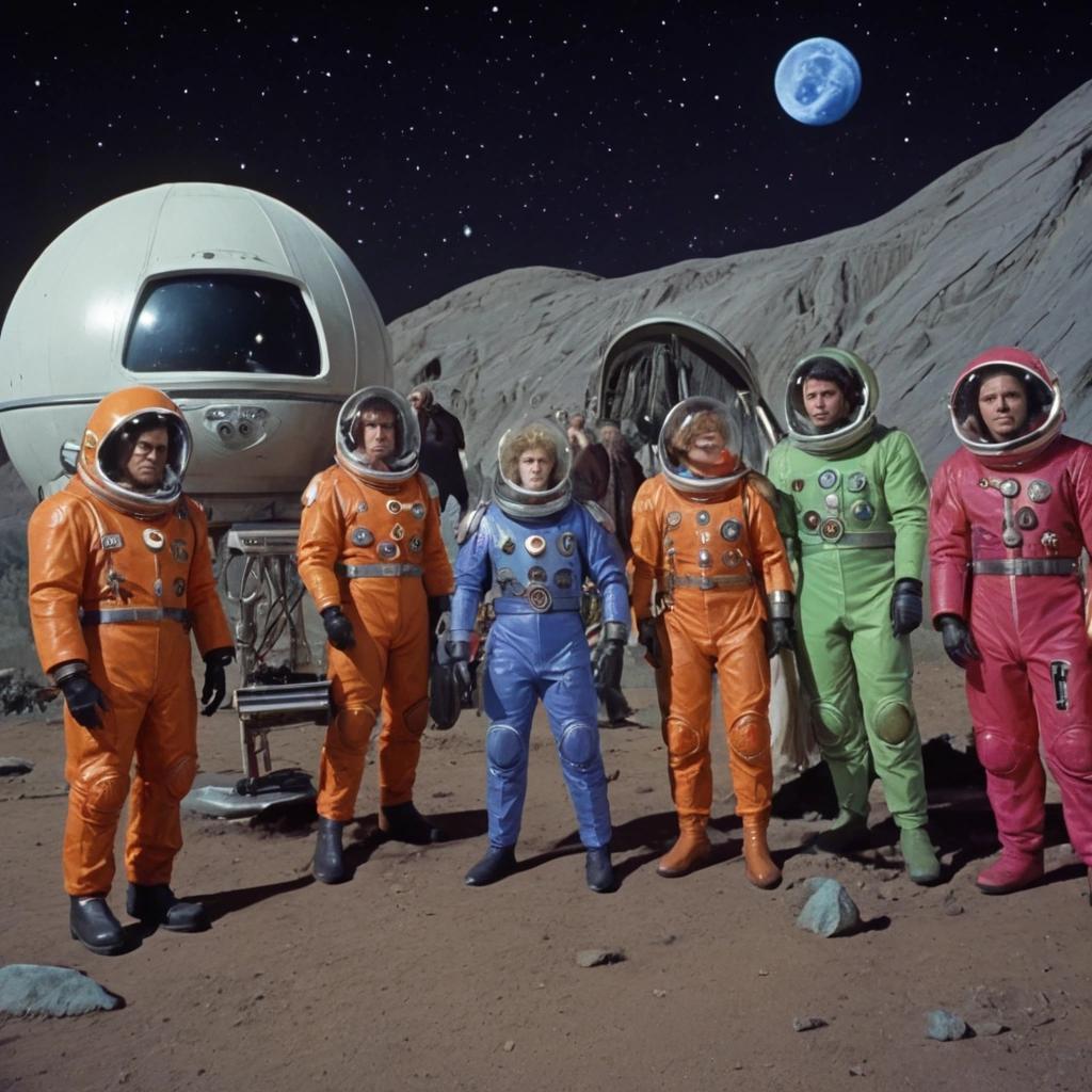 Image with seed 227714619 generated via Stable Diffusion through @stablehorde@sigmoid.social. Prompt: a still image of the space opera television drama &quot;The Rise and Fall of Sanctuary Moon&quot;, science fiction, tv series, camp, cheesy, colourful 