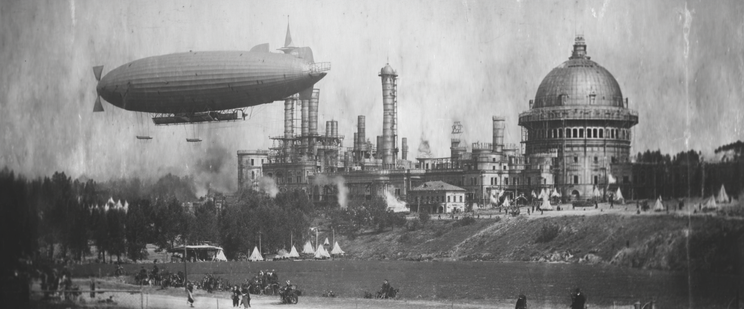 Airship flying over a historic architectural complex with people and tents below.