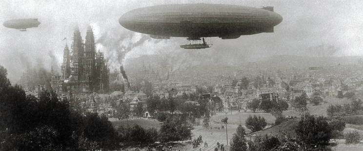 A vintage cityscape with a large zeppelin in the sky and a grand building with spires emitting smoke in the background.