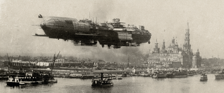 A sepia-toned image of a large airship hovering over a river with boats, set against an ornate historical building with spires.