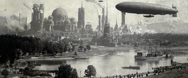 A historical cityscape with domed buildings, smokestacks, and a large airship in the sky above a river with boats.