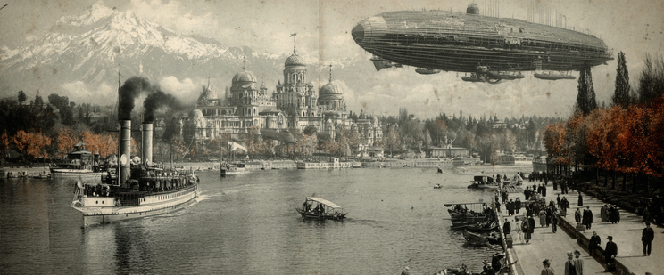 A vintage-style image with steamboat, ornate building, and dirigible against mountains.