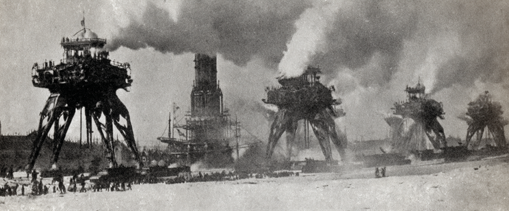 Large, mechanical quadrupod structures emitting smoke in a retro-futuristic landscape.