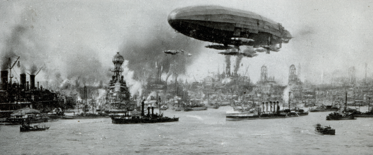 A large airship flying over an industrial port with ships and smoky factories.