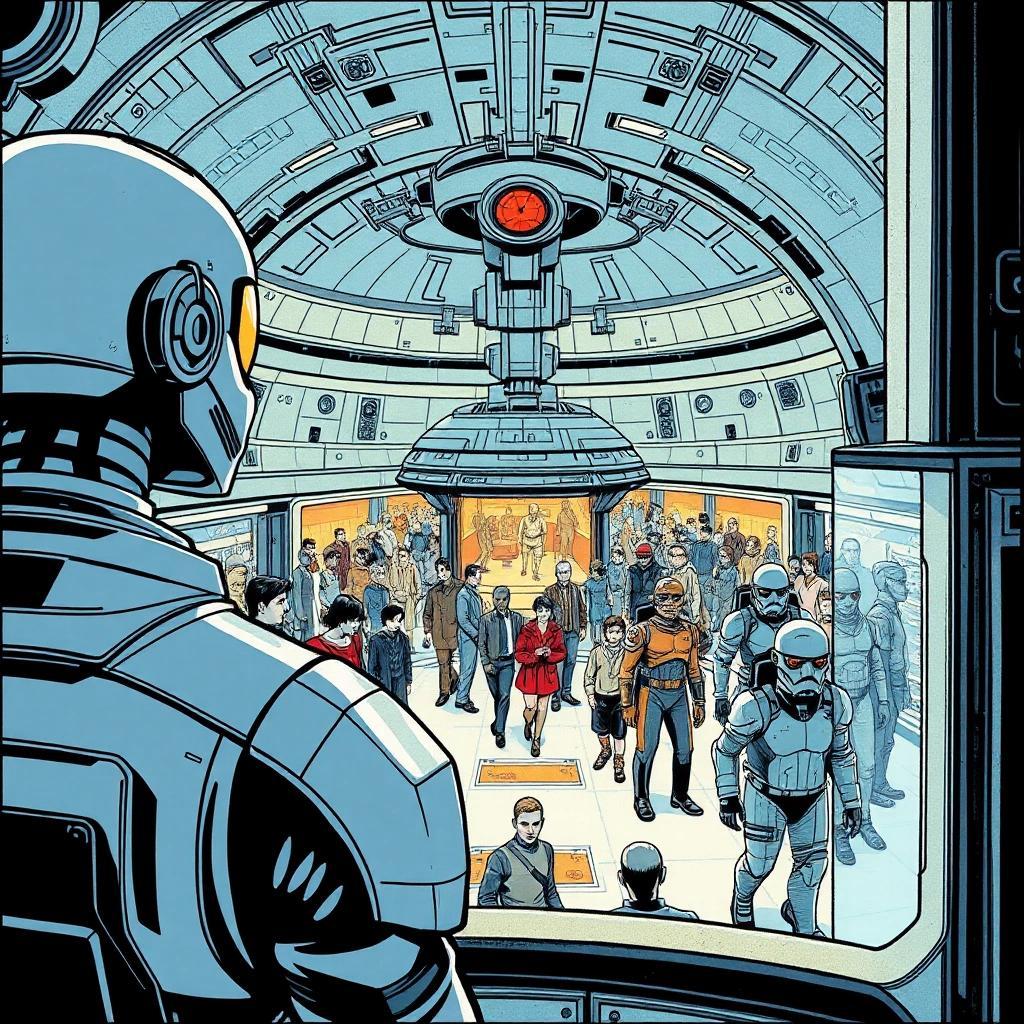 Image with seed 3793794640 generated via Stable Diffusion through @stablehorde@sigmoid.social. Prompt: comic book drawing of a corporate security android watching a diverse crowd of humans and humanoid aliens in the shopping mall inside the habitat ring of a space station, science fiction, space opera, moebius, bilal, star wars, star trek