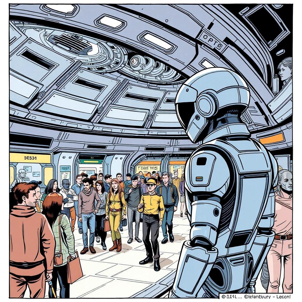 Image with seed 3793794640 generated via Stable Diffusion through @stablehorde@sigmoid.social. Prompt: comic book drawing of a corporate security android watching a diverse crowd of humans and humanoid aliens in the shopping mall inside the habitat ring of a space station, science fiction, space opera, moebius, bilal, star wars, star trek
