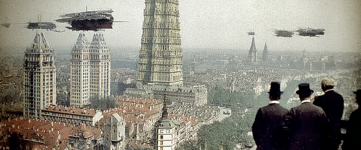 Futuristic Victorian cityscape with flying machines and men in top hats observing from a rooftop.