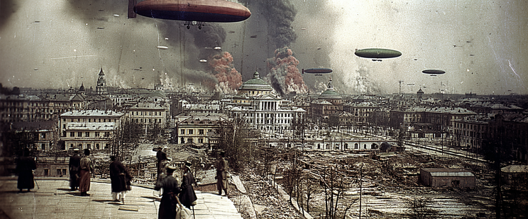 Airships hover over a cityscape with domed buildings and smoke plumes in the background.