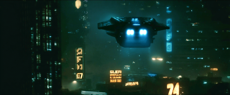 A futuristic cityscape at night with a flying vehicle with blue lights.