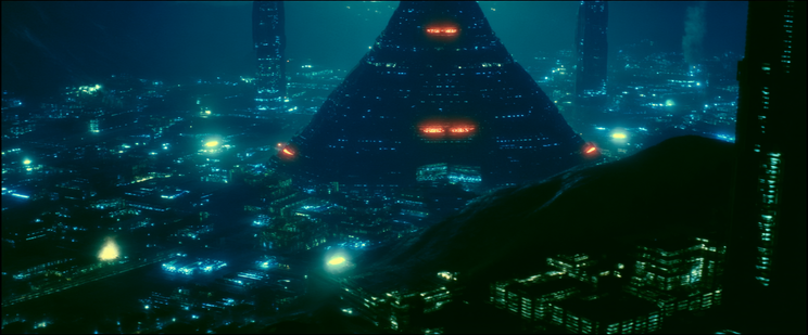 Futuristic cityscape with neon lights and a central pyramid structure at night.