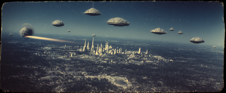 A futuristic city with numerous flying saucers above it, and one saucer emitting a stream of light.