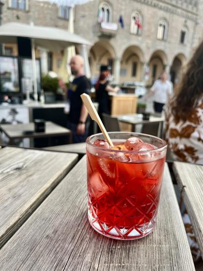 Sanbitter Soda on a table at Bertinoro village square 