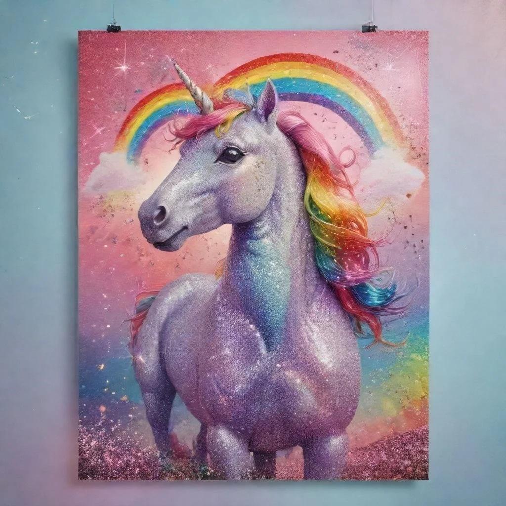 Image with seed 92823 generated via Stable Diffusion through @stablehorde@sigmoid.social. Prompt: rainbow glitter unicorn kitsch poster