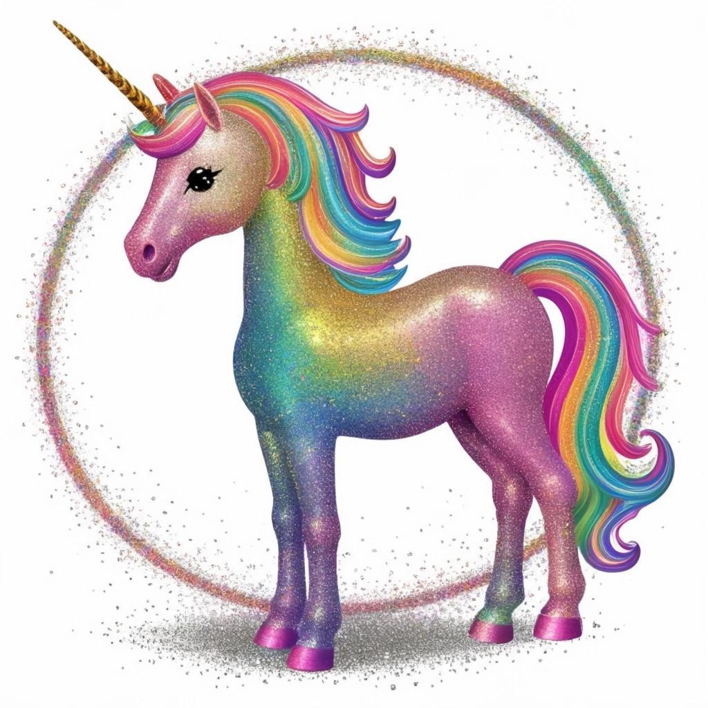 Image with seed 473933681 generated via Stable Diffusion through @stablehorde@sigmoid.social. Prompt: rainbow glitter unicorn kitsch poster 