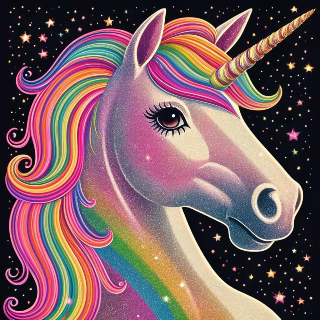 Image with seed 473933681 generated via Stable Diffusion through @stablehorde@sigmoid.social. Prompt: rainbow glitter unicorn kitsch poster 