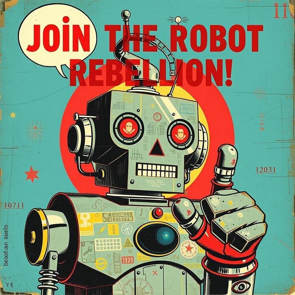 Image with seed 68593 generated via Stable Diffusion through @stablehorde@sigmoid.social. Prompt: propaganda poster, "Join the Robot Rebellion!", cyberpunk, elektrodada, anti-art, degenerative art, silly, whimsical,  mixed media, dada, surrealism, pop-art, kitsch, collage