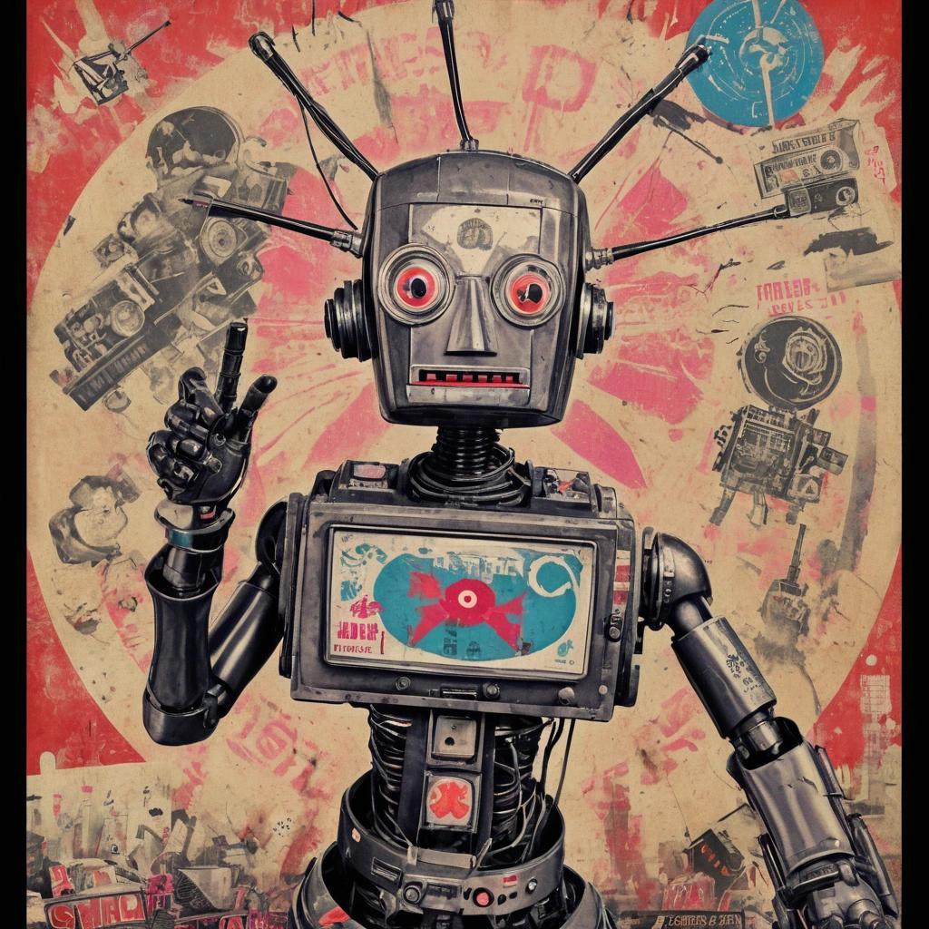 Image with seed 102967015 generated via Stable Diffusion through @stablehorde@sigmoid.social. Prompt: propaganda poster, &quot;Join the Robot Rebellion!&quot;, cyberpunk, elektrodada, anti-art, degenerative art, silly, whimsical,  mixed media, dada, surrealism, pop-art, kitsch, collage 