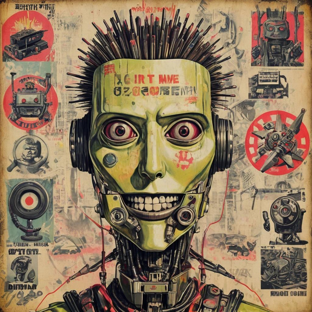 Image with seed 102967015 generated via Stable Diffusion through @stablehorde@sigmoid.social. Prompt: propaganda poster, "Join the Robot Rebellion!", cyberpunk, elektrodada, anti-art, degenerative art, silly, whimsical,  mixed media, dada, surrealism, pop-art, kitsch, collage 